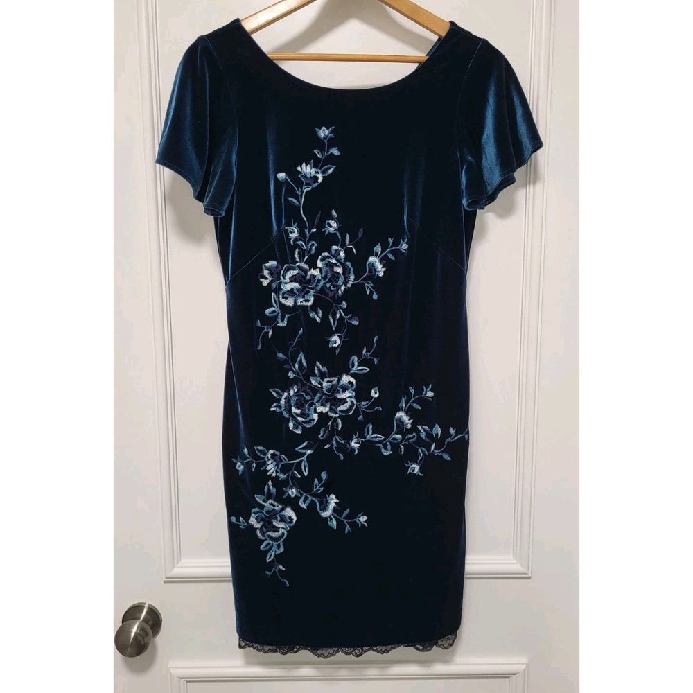 Teal Floral Embroidered Stretch Velvet Lace Hem Whimsigoth Dress Sz Sp